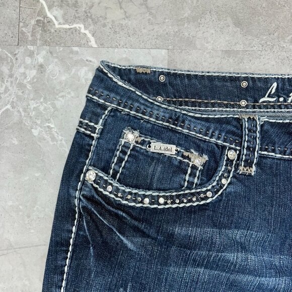LA Idol Jeans Womens 19 Embellished Embroidered Dark Wash Bedazzled 41x34 - Picture 7 of 12